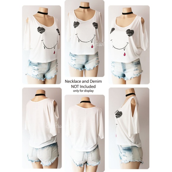 White Graphic Cutout Cold Shoulder Cute Crop Top - Picture 7 of 8